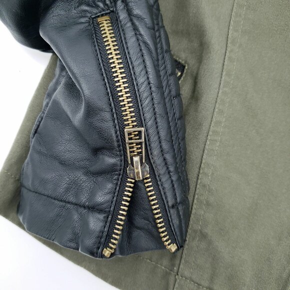 Aqua Bloomingdales Moto Jacket Size S Black Faux Leather Sleeves Army Green - Picture 5 of 8